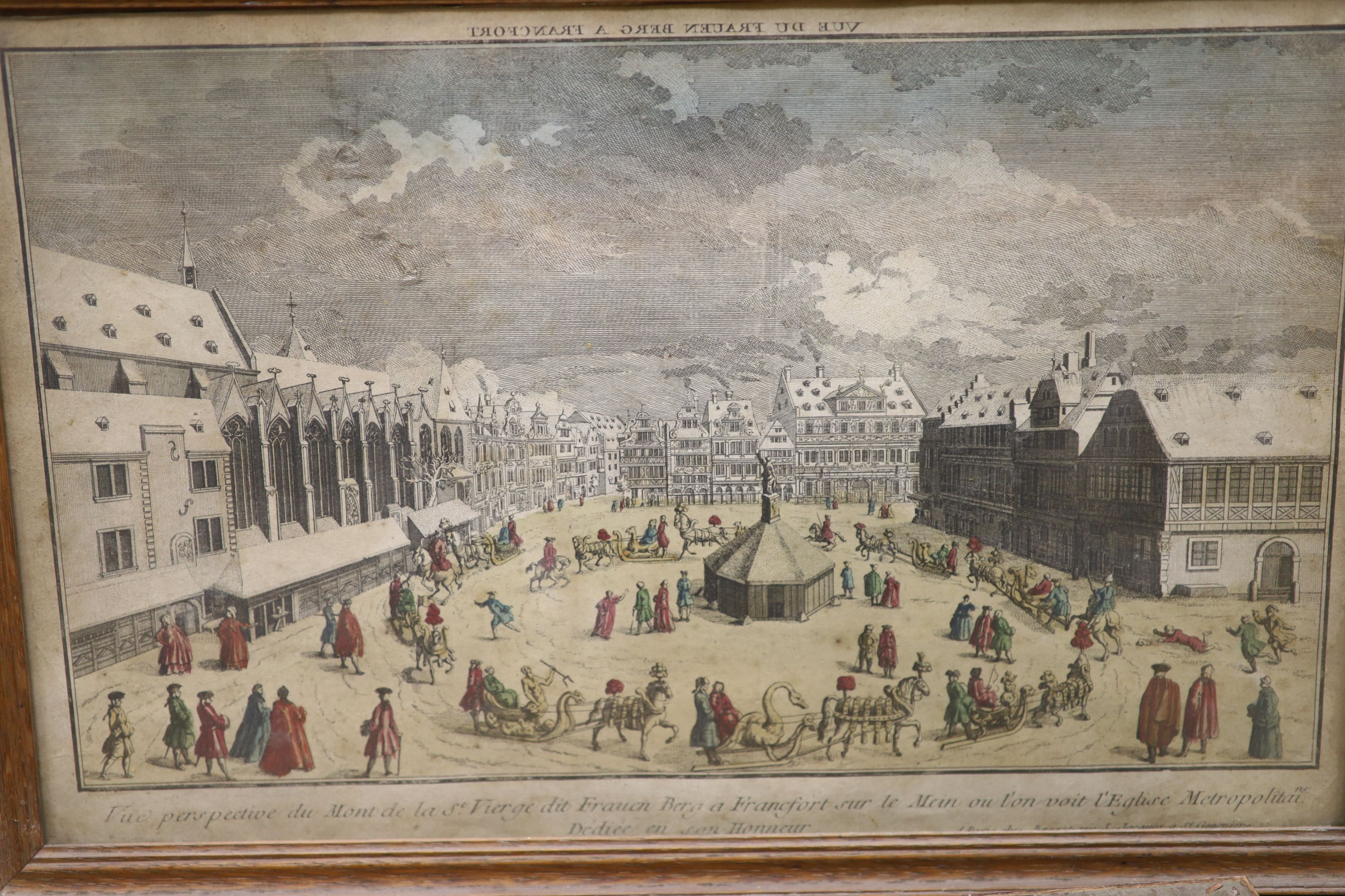 Five 18th century coloured engravings, Views of Frankfurt and other cities, largest 27 x 41cm